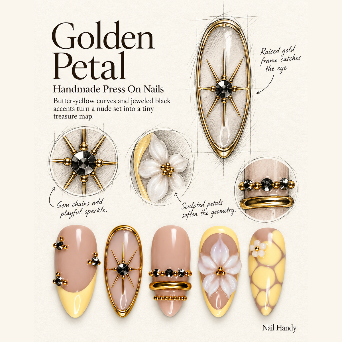Gilded Lemon Bloom Press-On Nails – Yellow Florals & Gold Accents - press-on nail design concept and illustrated product story