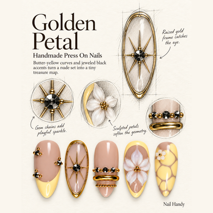 Gilded Lemon Bloom Press-On Nails – Yellow Florals & Gold Accents - press-on nail design concept and illustrated product story