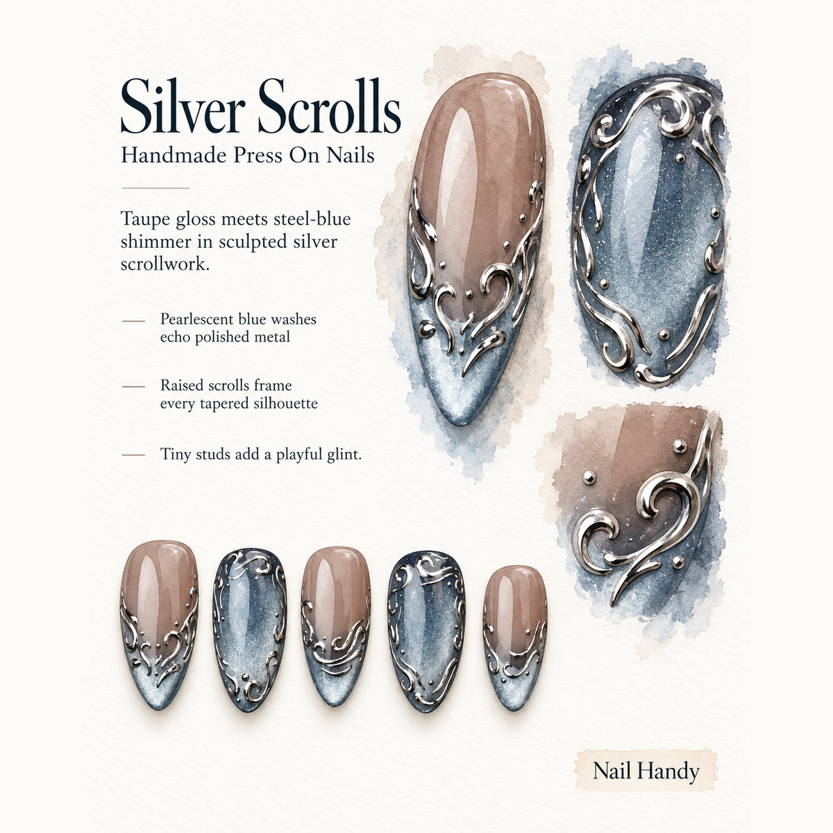 Frosted Silver Scrolls Press-On Nails - press-on nail design concept and illustrated product story