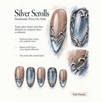 Frosted Silver Scrolls Press-On Nails - press-on nail design concept and illustrated product story