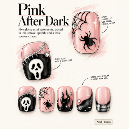 Blush Web Fright Press-On Nails with Spiders & Shadowy Faces - press-on nail design concept and illustrated product story