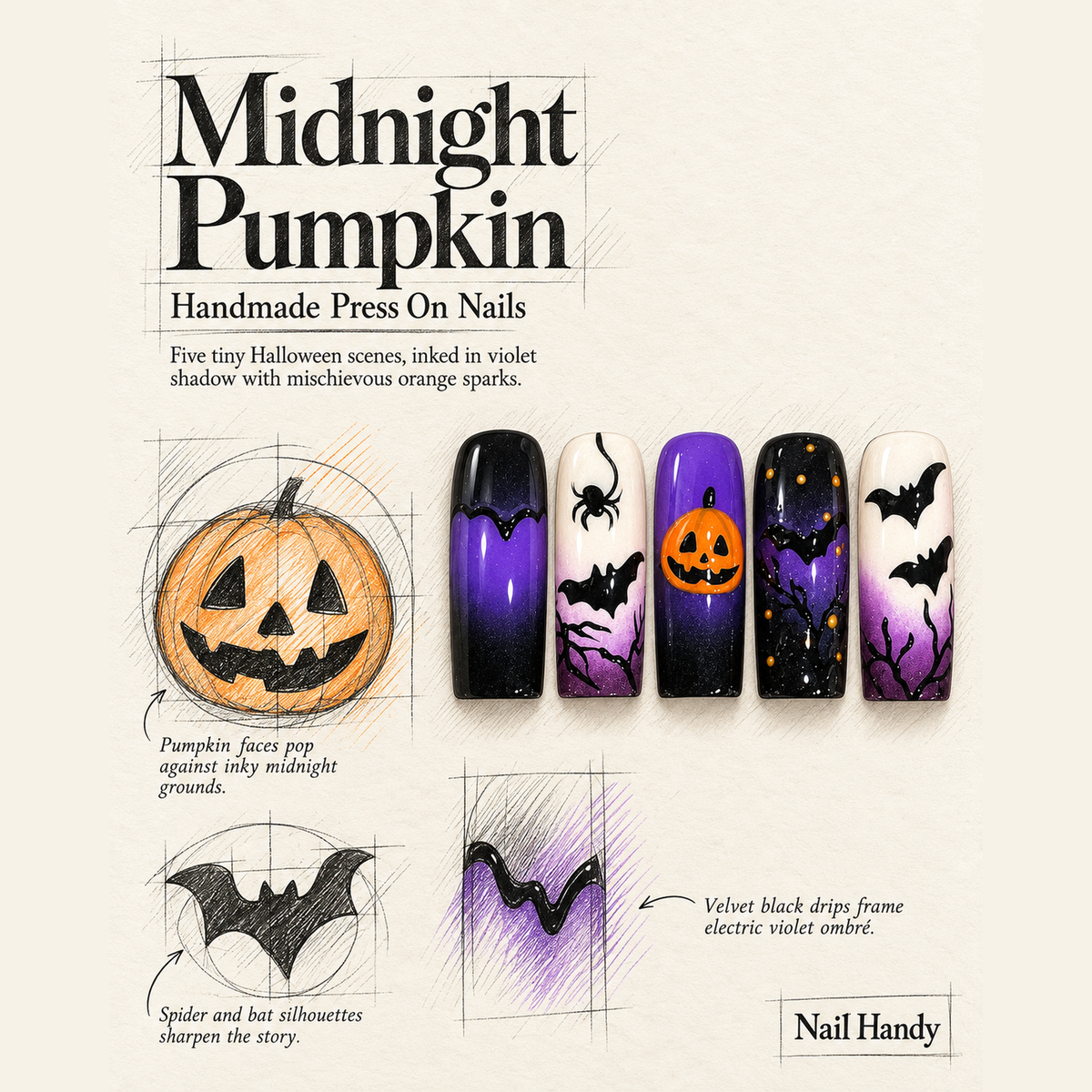 Midnight Pumpkin Spell Press-On Nails - press-on nail design concept and illustrated product story