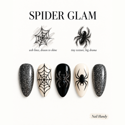 Silver Web Spider Press-On Nails | Gothic Glitter Set - press-on nail design concept and illustrated product story
