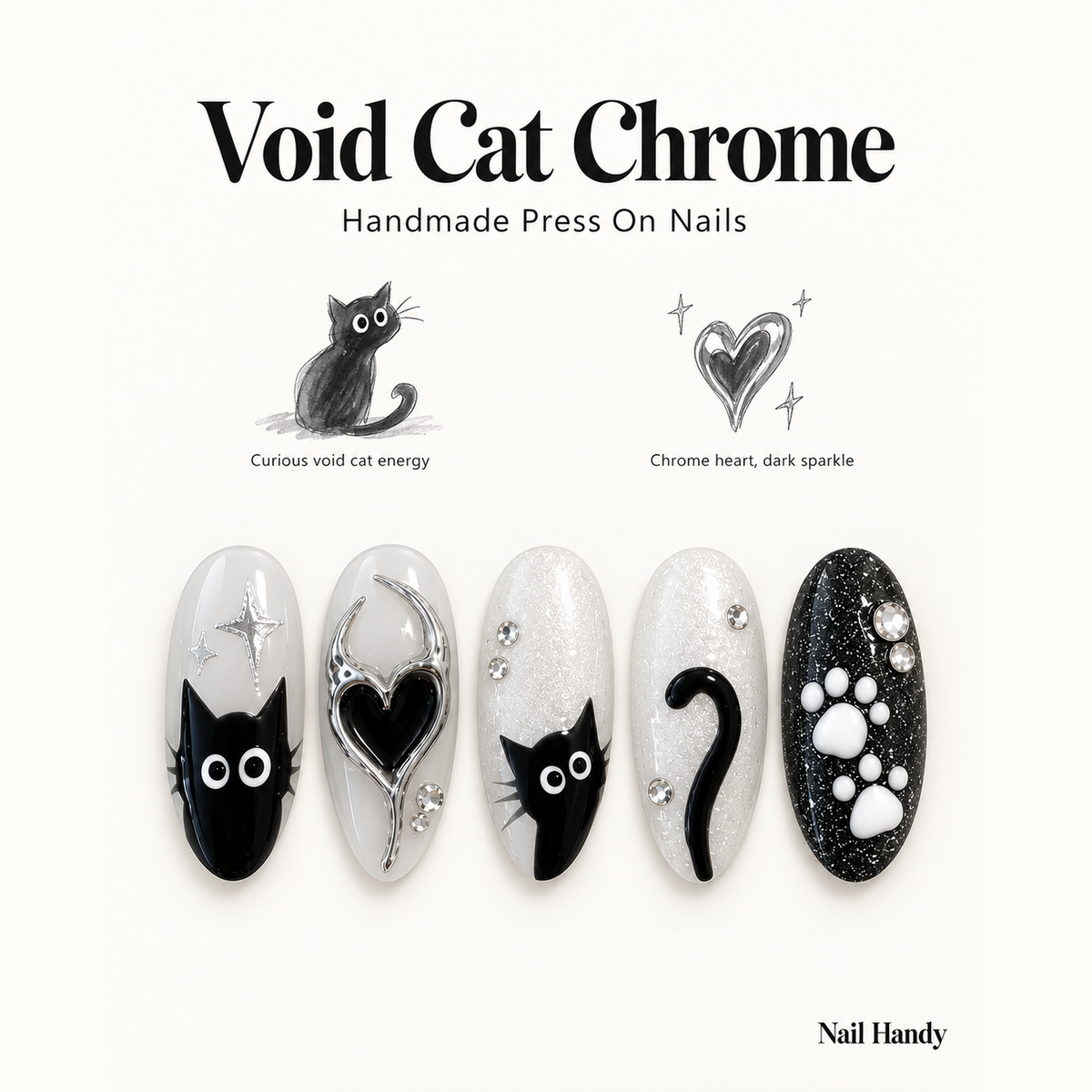 Chrome Void Cats Press-On Nails with 3D Cat Details - press-on nail design concept and illustrated product story