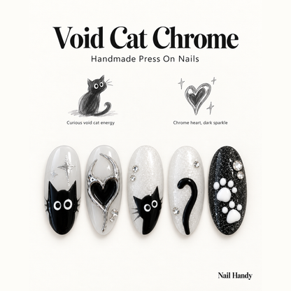 Chrome Void Cats Press-On Nails with 3D Cat Details - press-on nail design concept and illustrated product story
