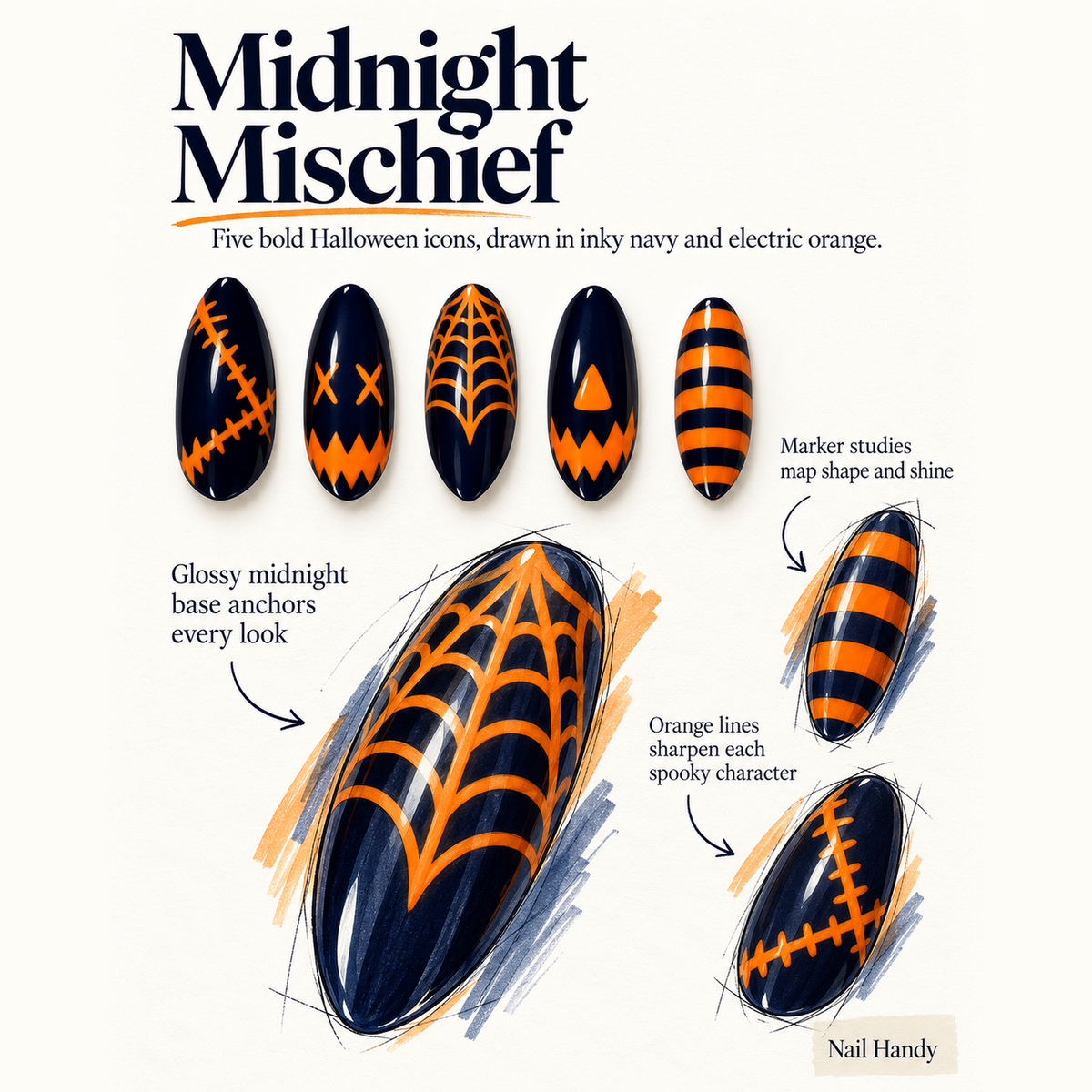Midnight Web Press-On Nails in Navy and Orange - press-on nail design concept and illustrated product story
