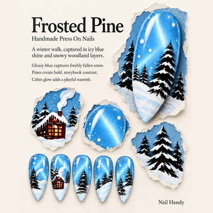 Snowlight Cabin Press-On Nails — Blue Winter Forest - press-on nail design concept and illustrated product story