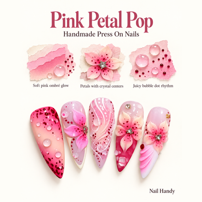 Pink Petal Dew Press-On Nails with Sculpted Flowers - press-on nail design concept and illustrated product story