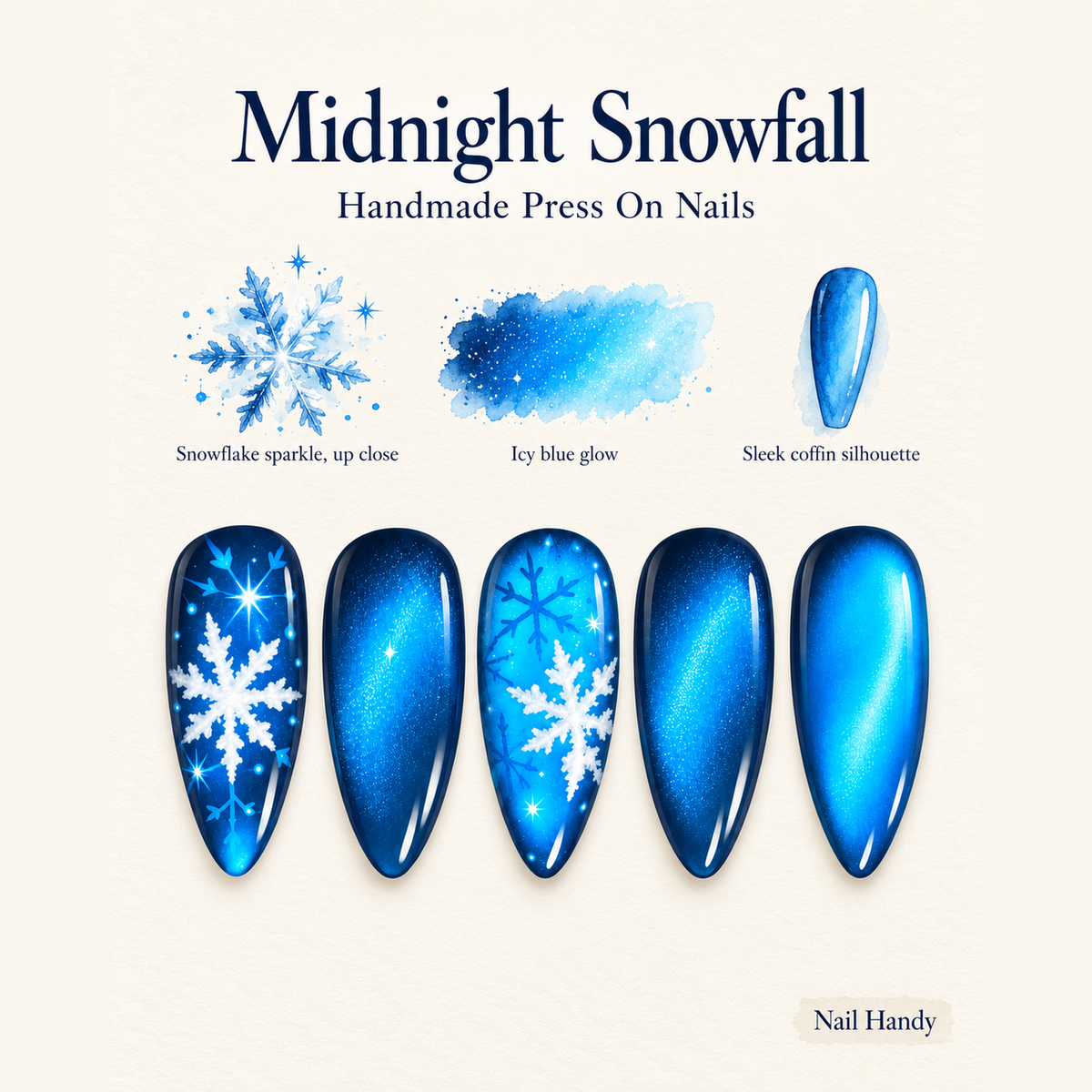 Midnight Snowfall Blue Snowflake Press-On Nails - press-on nail design concept and illustrated product story