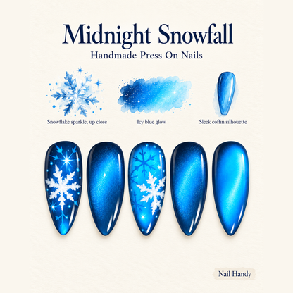 Midnight Snowfall Blue Snowflake Press-On Nails - press-on nail design concept and illustrated product story