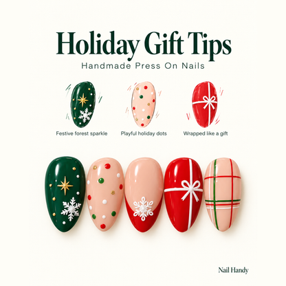 Snowflakes and Gift Bows Christmas Press-On Nails - press-on nail design concept and illustrated product story
