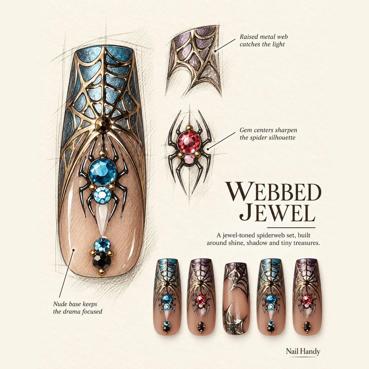 Gilded Spider Web Press-On Nails with Jewel Accents - press-on nail design concept and illustrated product story