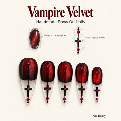 Crimson Cross Velvet Press-On Nails - press-on nail design concept and illustrated product story