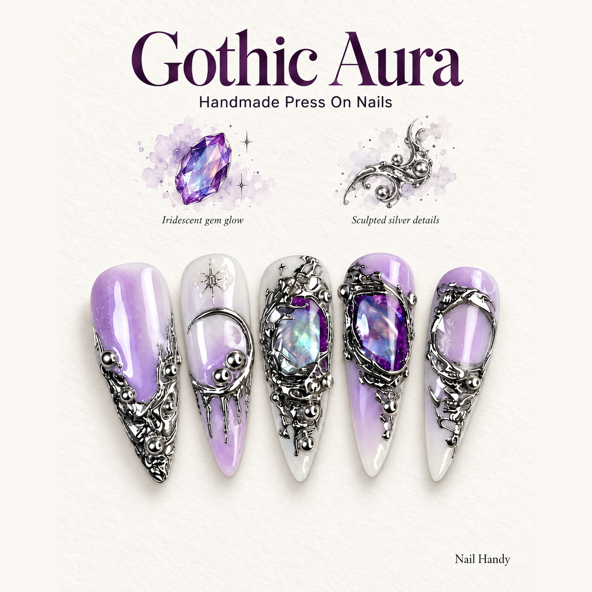 Violet Relic Gothic Press-On Nails with Silver Charms - press-on nail design concept and illustrated product story