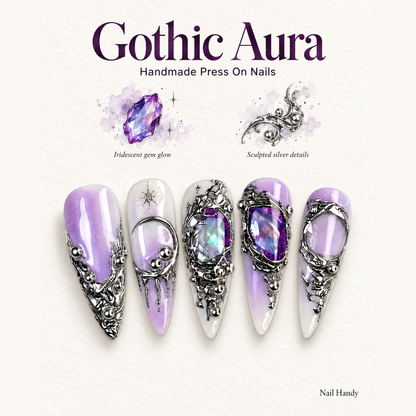 Violet Relic Gothic Press-On Nails with Silver Charms - press-on nail design concept and illustrated product story