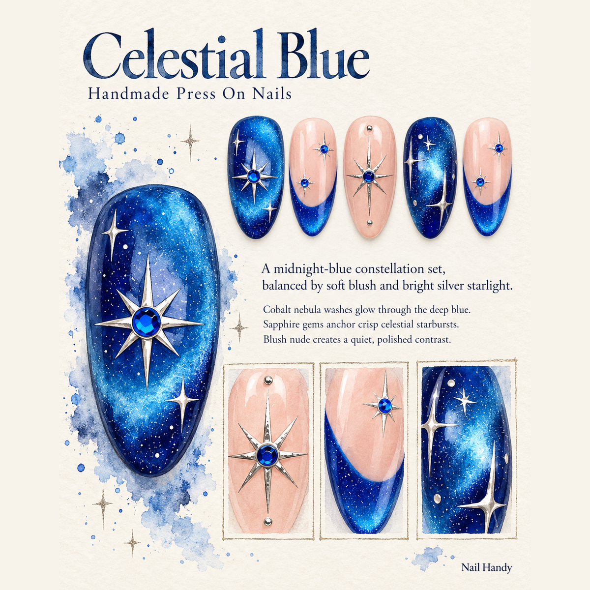 Sapphire Starfall Celestial Press-On Nails - press-on nail design concept and illustrated product story