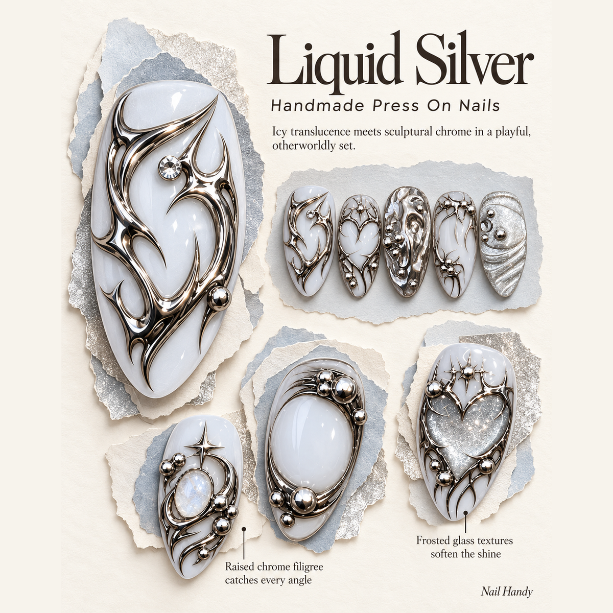 Silver Orbit Press-On Nails with Sculptural Chrome Details - press-on nail design concept and illustrated product story