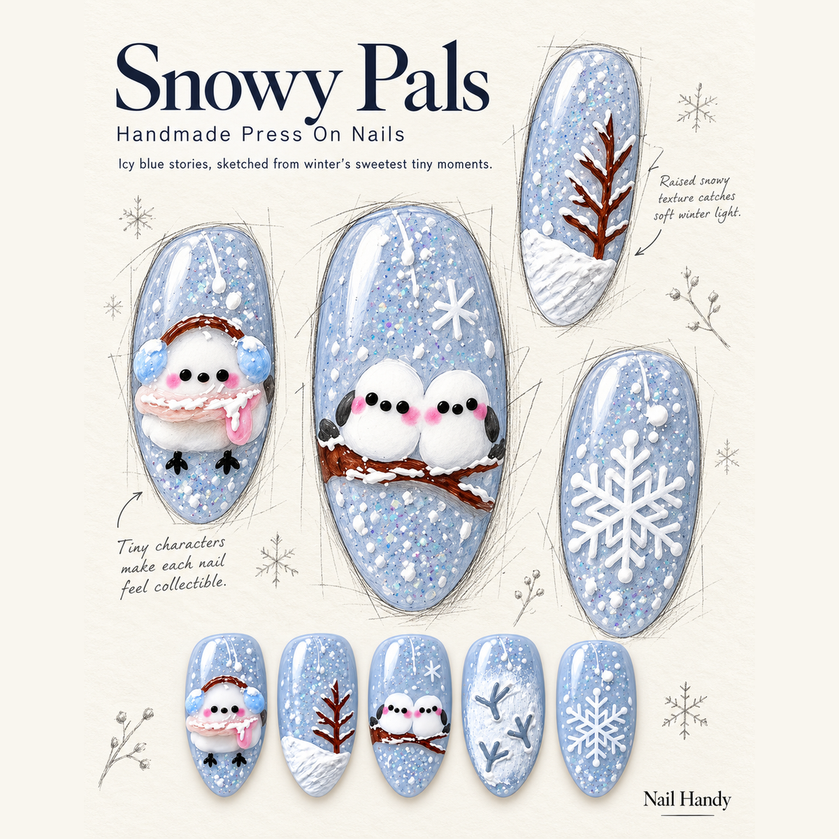 Snow Day Birds Press-On Nails with Winter Scenes - press-on nail design concept and illustrated product story