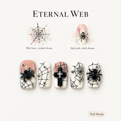 Eternal Web Press-On Nails with Spiderweb Details - press-on nail design concept and illustrated product story