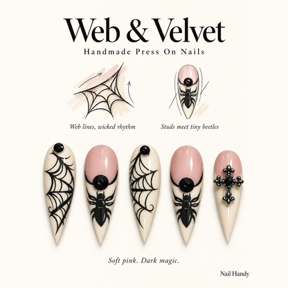 Midnight Web Cross Press-On Nails for Halloween - press-on nail design concept and illustrated product story