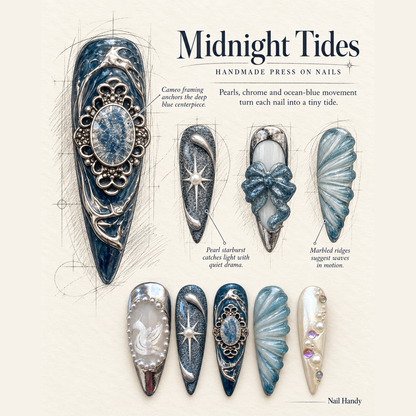 Moonlit Swan Press-On Nails with Pearls and Silver Accents - press-on nail design concept and illustrated product story