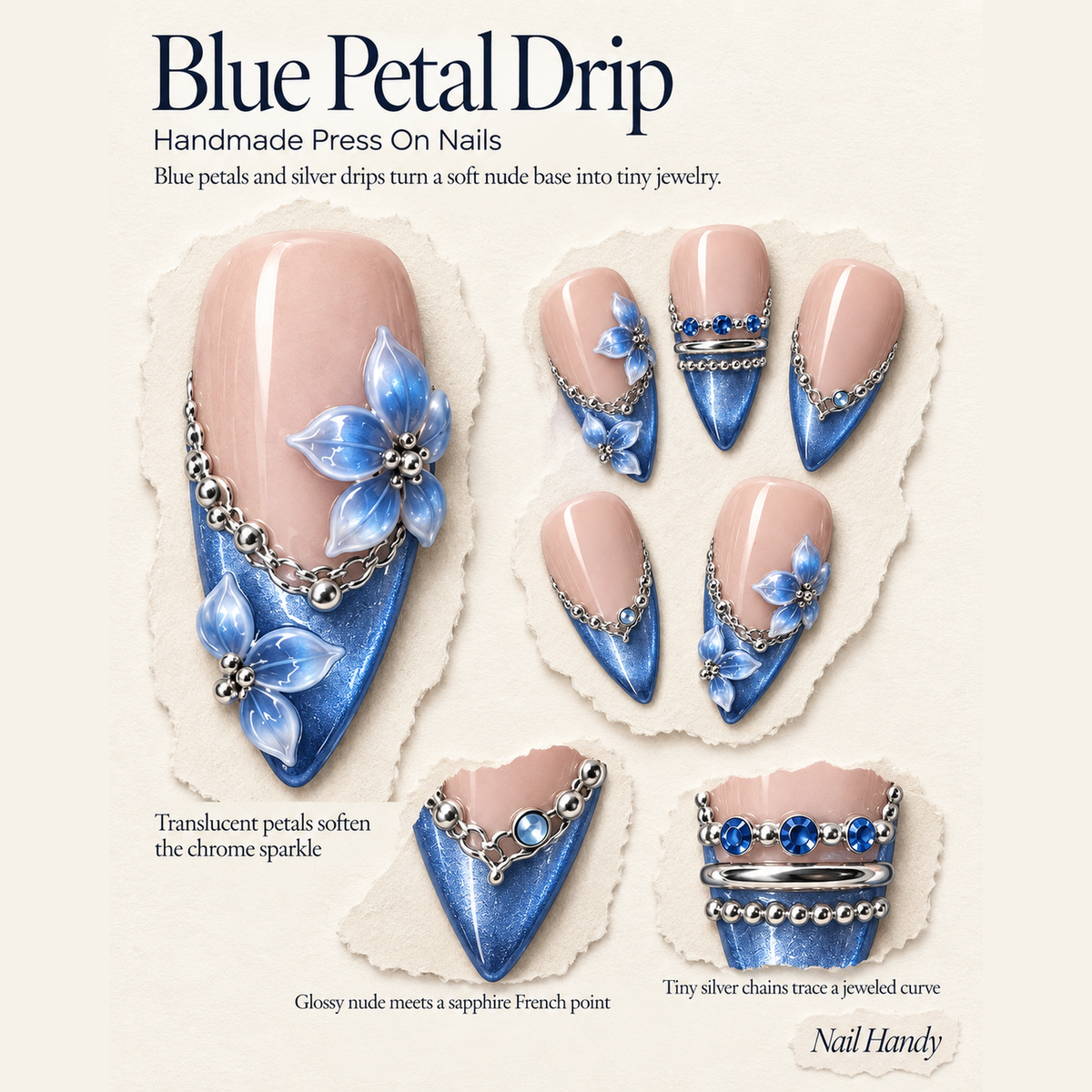 Blue Petal Frost Press-On Nails with Floral Accents - press-on nail design concept and illustrated product story