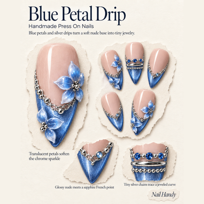 Blue Petal Frost Press-On Nails with Floral Accents - press-on nail design concept and illustrated product story