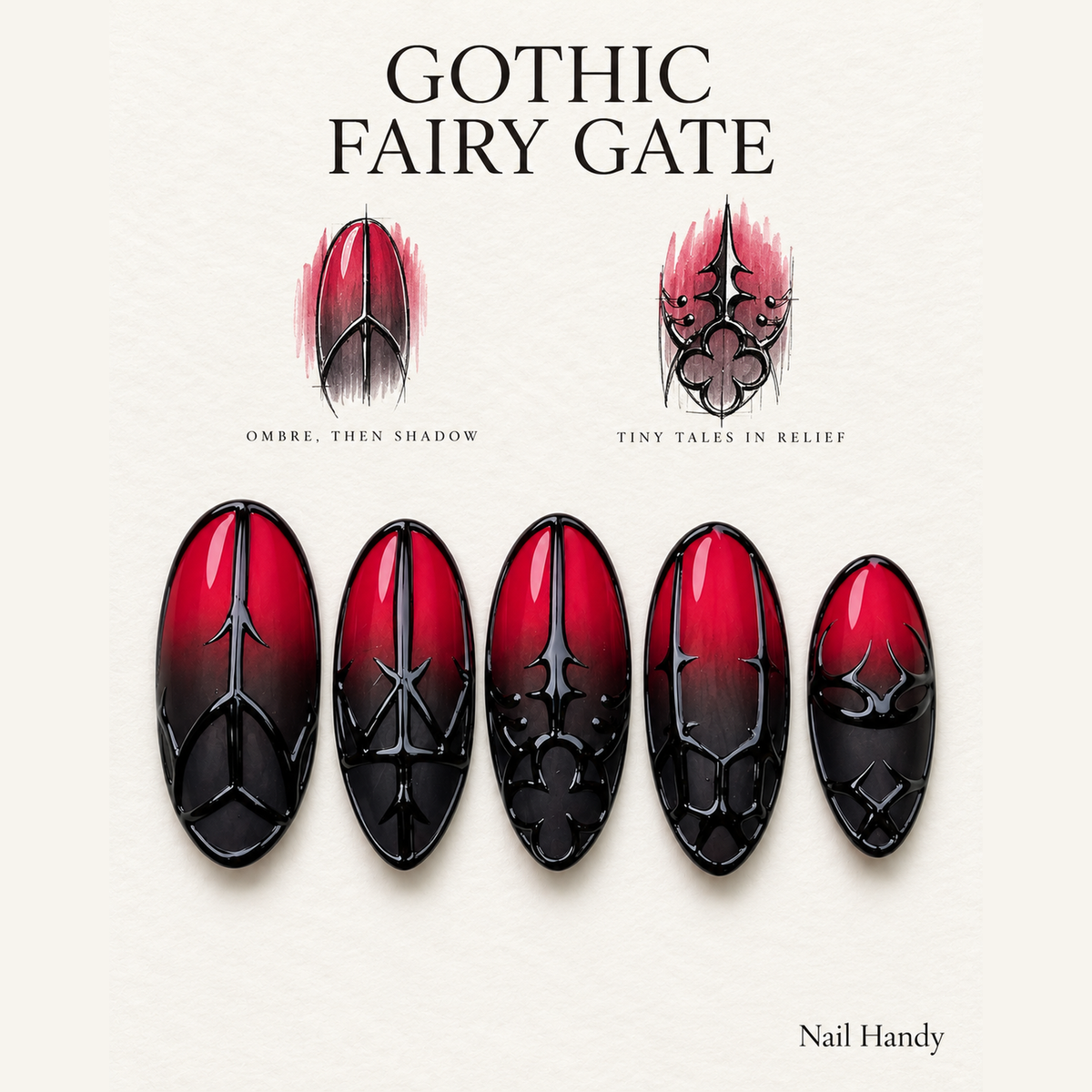 Crimson Gate Gothic Press-On Nails with Black Ombré - press-on nail design concept and illustrated product story