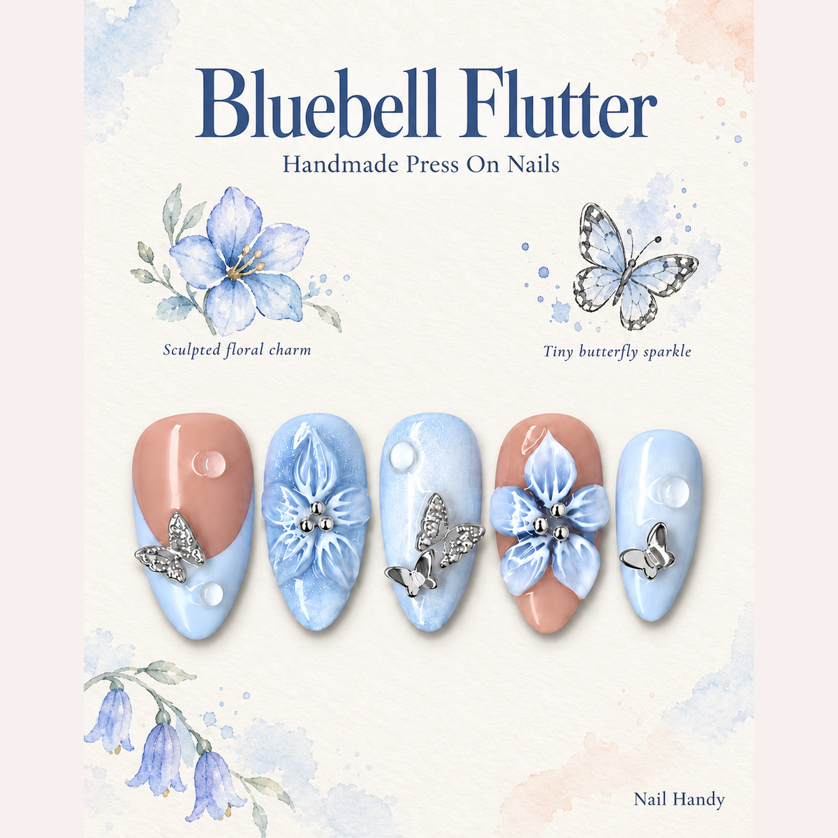 Frosted Butterfly Bloom Press-On Nails - press-on nail design concept and illustrated product story