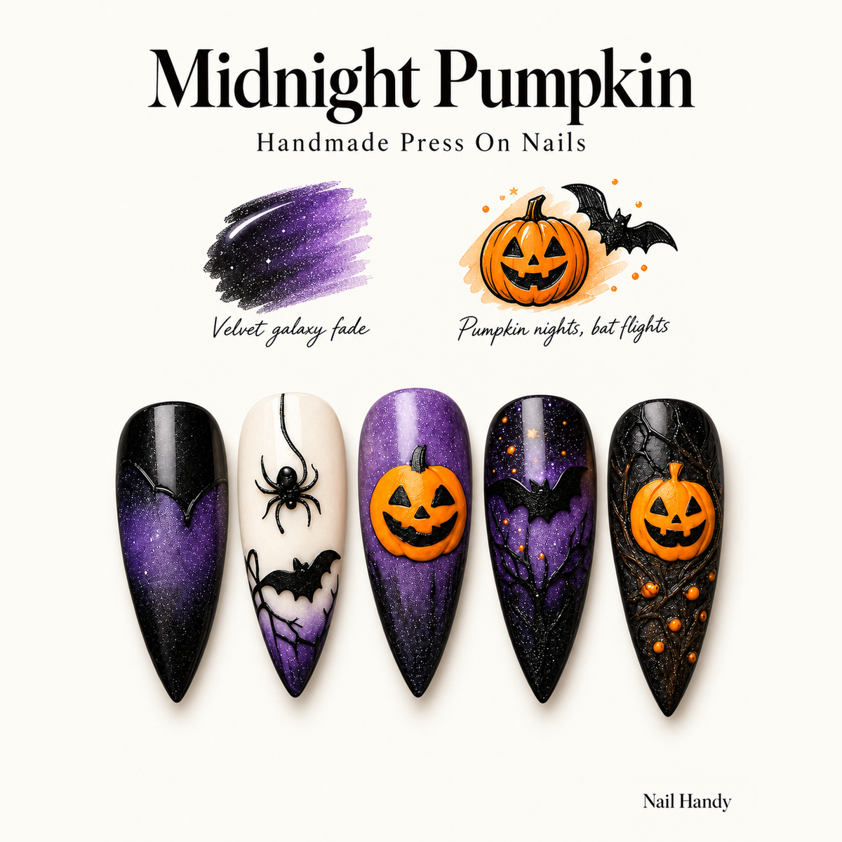 Midnight Pumpkin Spell Press-On Nails - press-on nail design concept and illustrated product story
