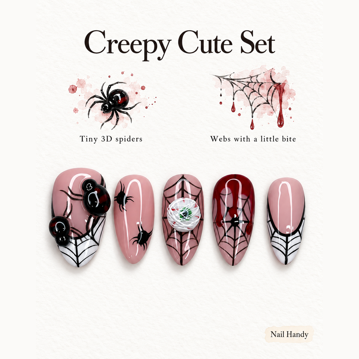 Crimson Web Crawl Press-On Nails with Spider Details - press-on nail design concept and illustrated product story