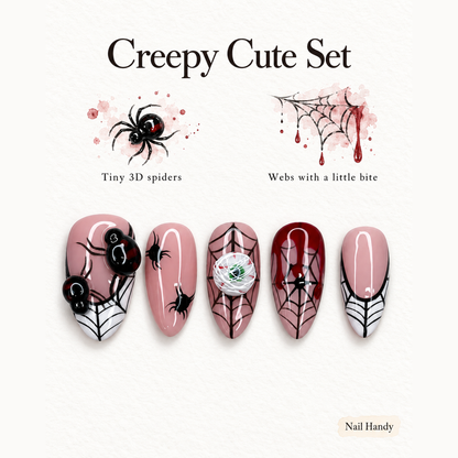 Crimson Web Crawl Press-On Nails with Spider Details - press-on nail design concept and illustrated product story