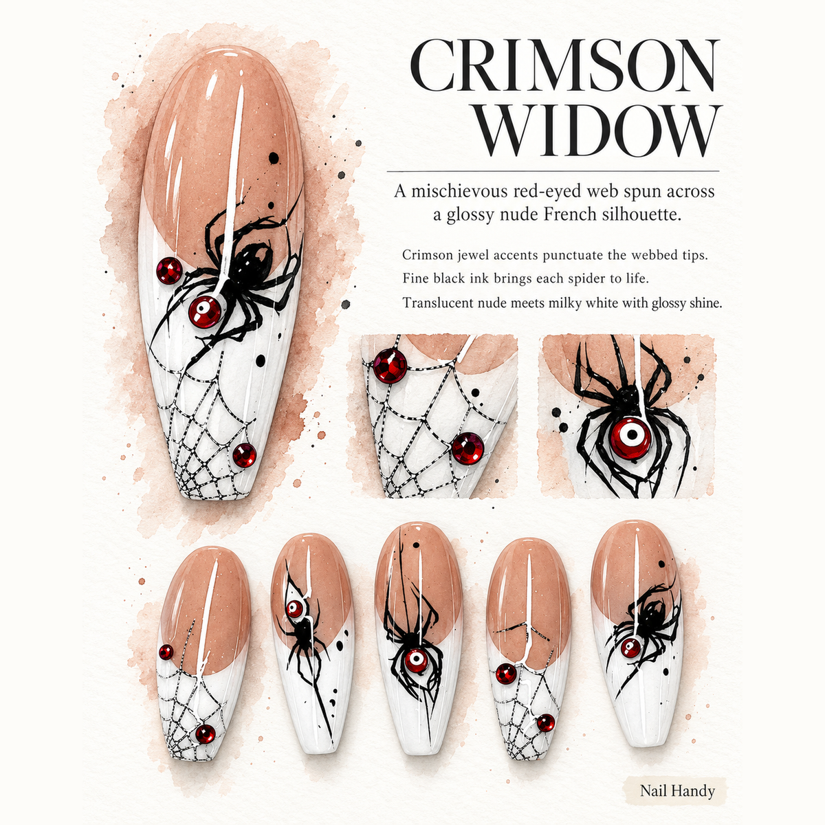 Crimson Widow Spiderweb Press-On Nails - press-on nail design concept and illustrated product story