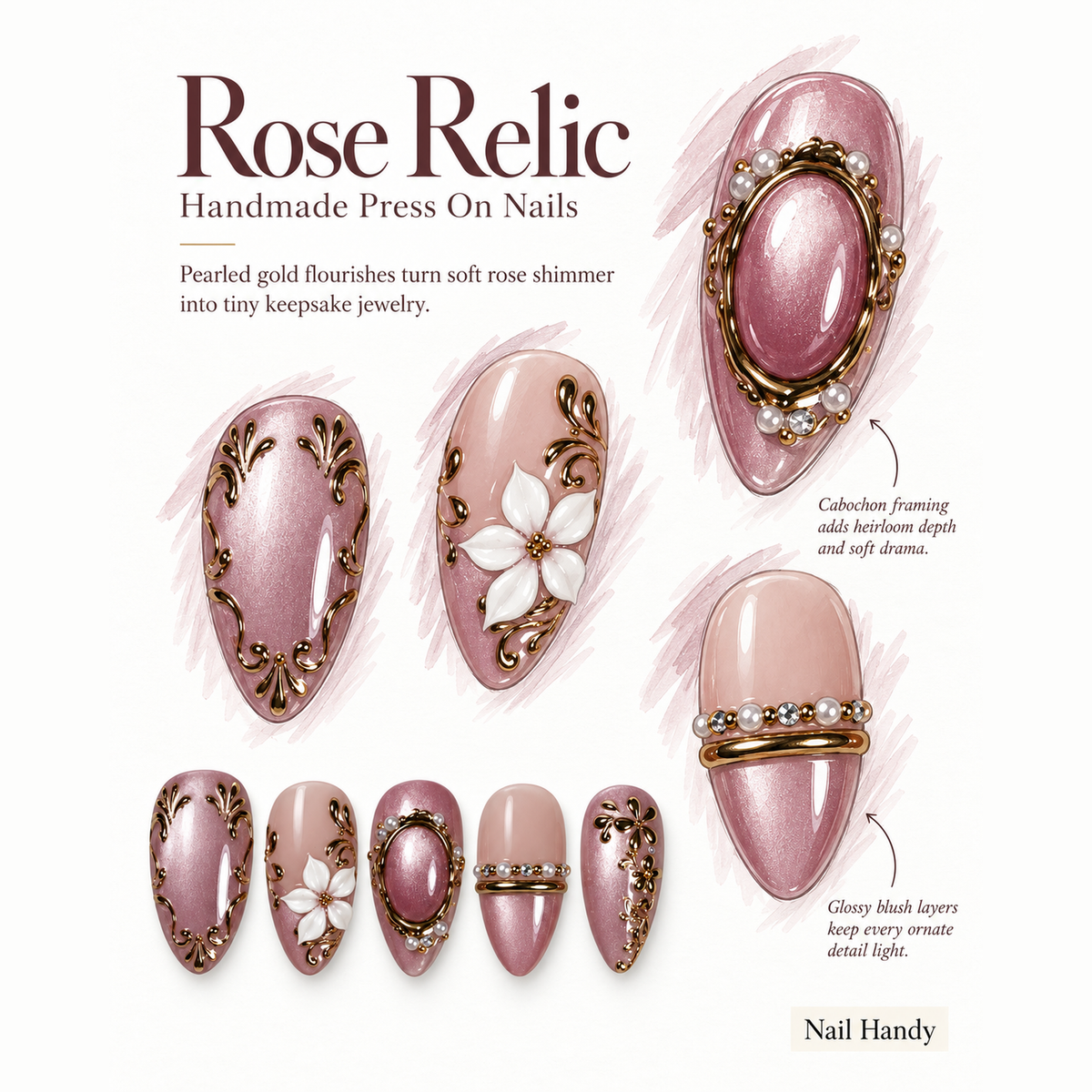 Mauve Palace Bloom Press-On Nails with Gold Scrollwork - press-on nail design concept and illustrated product story