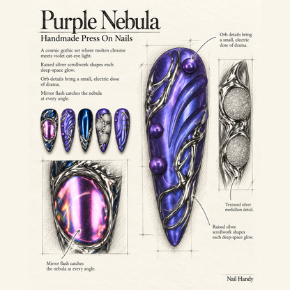 Chrome Nebula Press-On Nails with Purple 3D Swirls - press-on nail design concept and illustrated product story