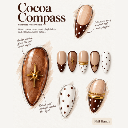 Cocoa Dot Halo Press-On Nails with Gold Accents - press-on nail design concept and illustrated product story