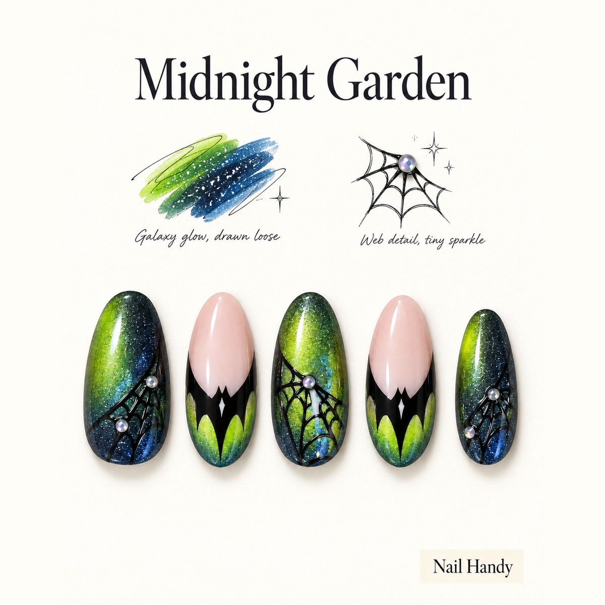 Venom Web Press-On Nails with Neon Green Web Detail - press-on nail design concept and illustrated product story