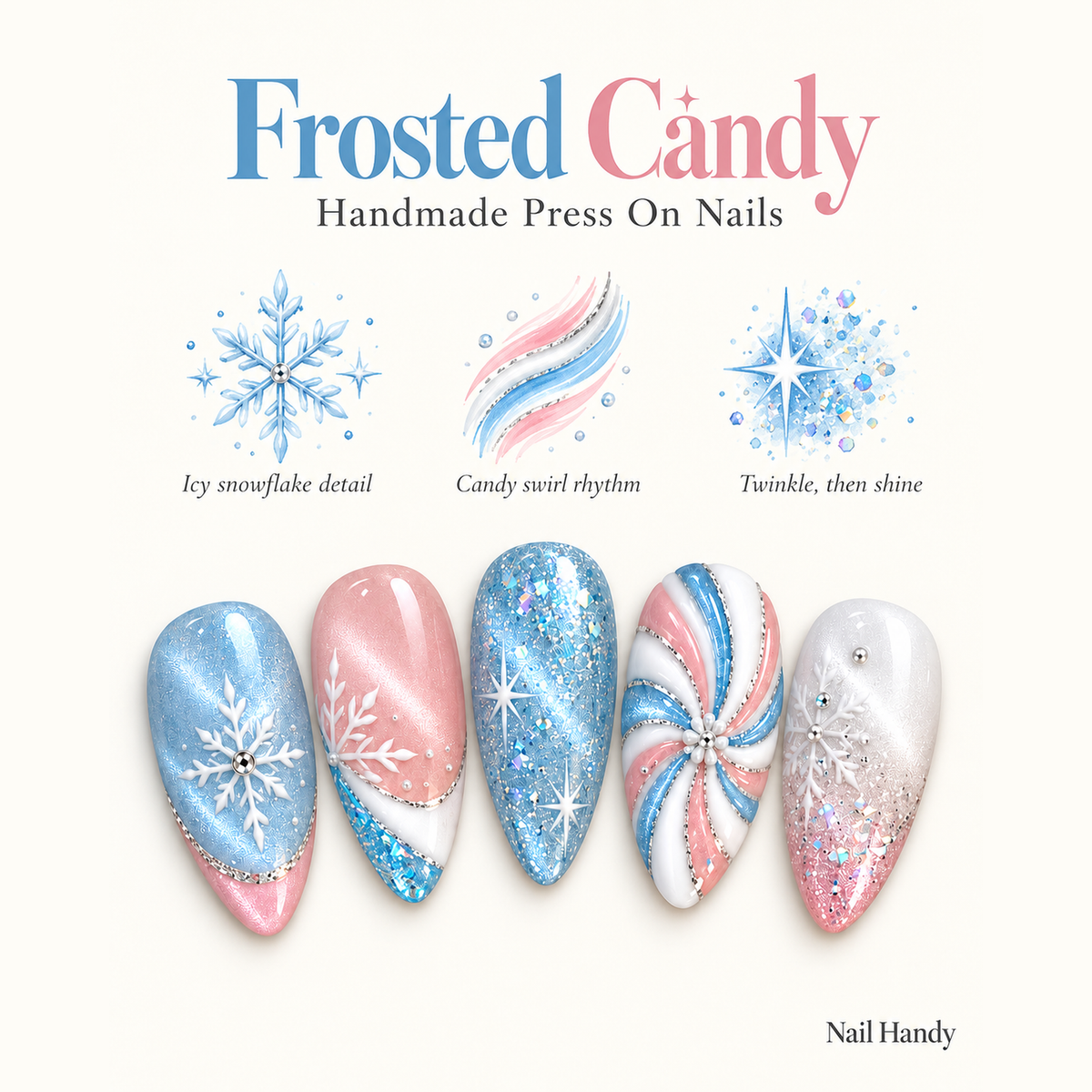 Sugar Frost Swirl Press-On Nails with Snowflakes - press-on nail design concept and illustrated product story