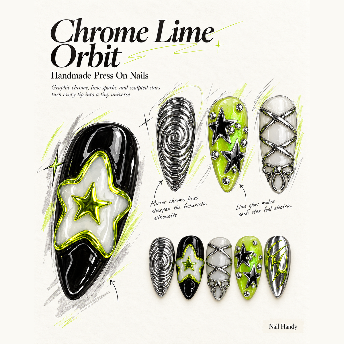Voltage Star Spiral Press-On Nails, Lime & Silver - press-on nail design concept and illustrated product story