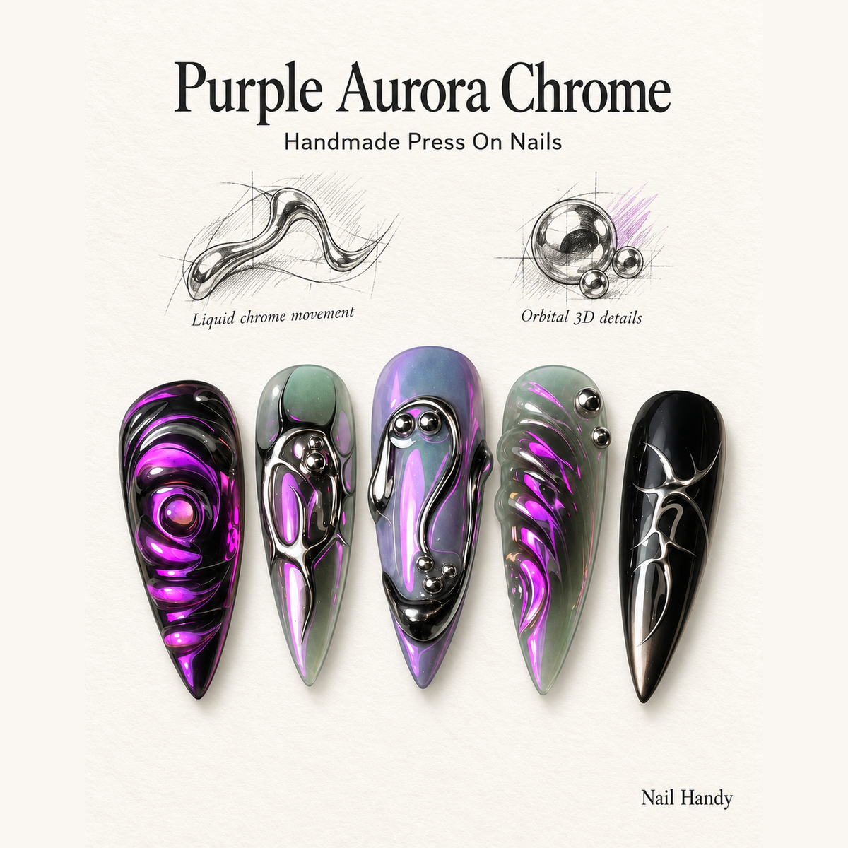 Violet Chrome Relic Press-On Nails. - press-on nail design concept and illustrated product story