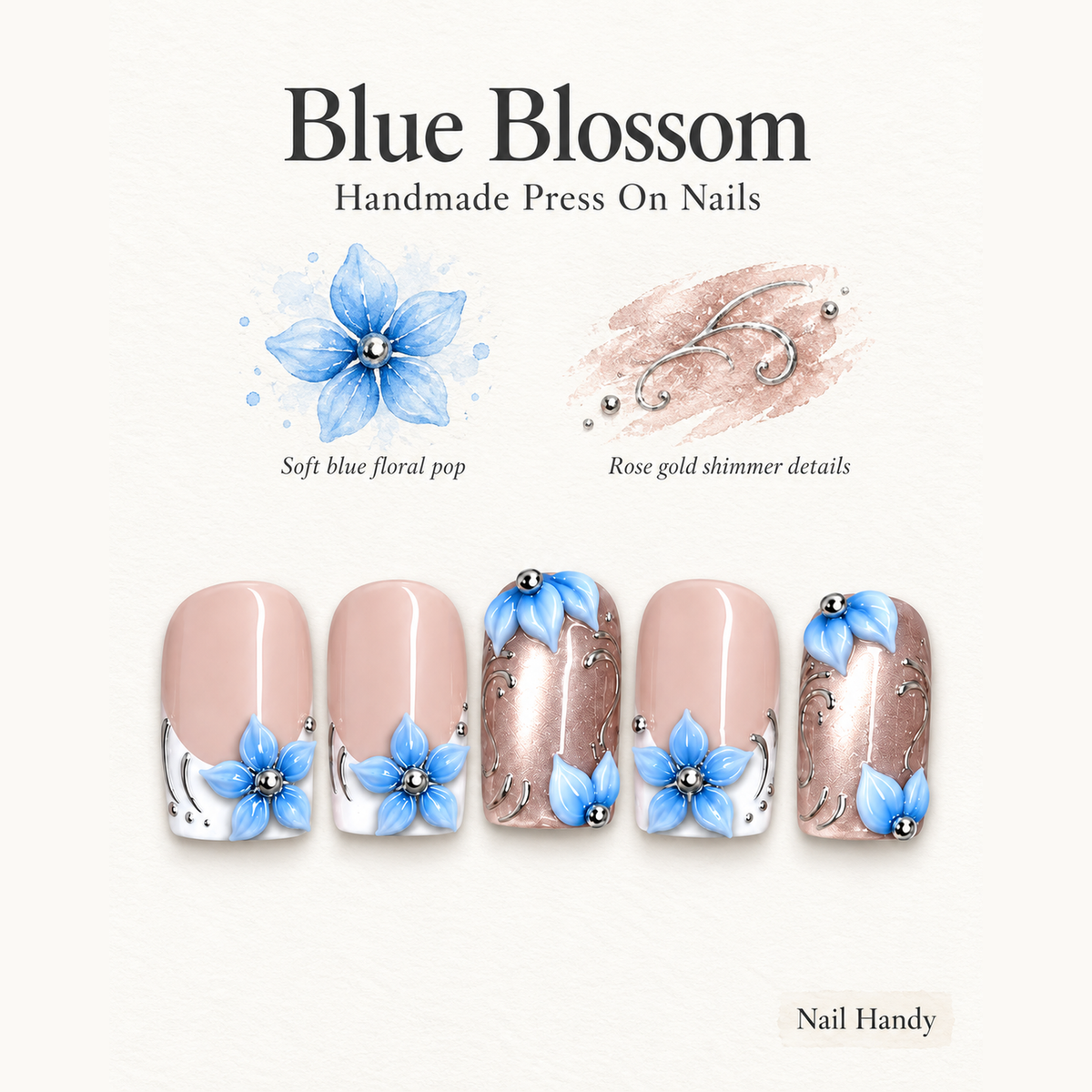 Frosted Blue Petals Press-On Nails with Floral Accents - press-on nail design concept and illustrated product story