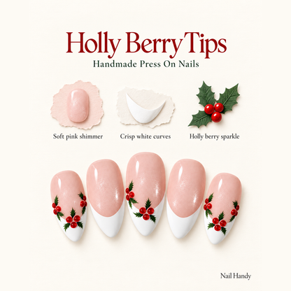 Holly Berry French Press-On Nails with Pink Shimmer - press-on nail design concept and illustrated product story