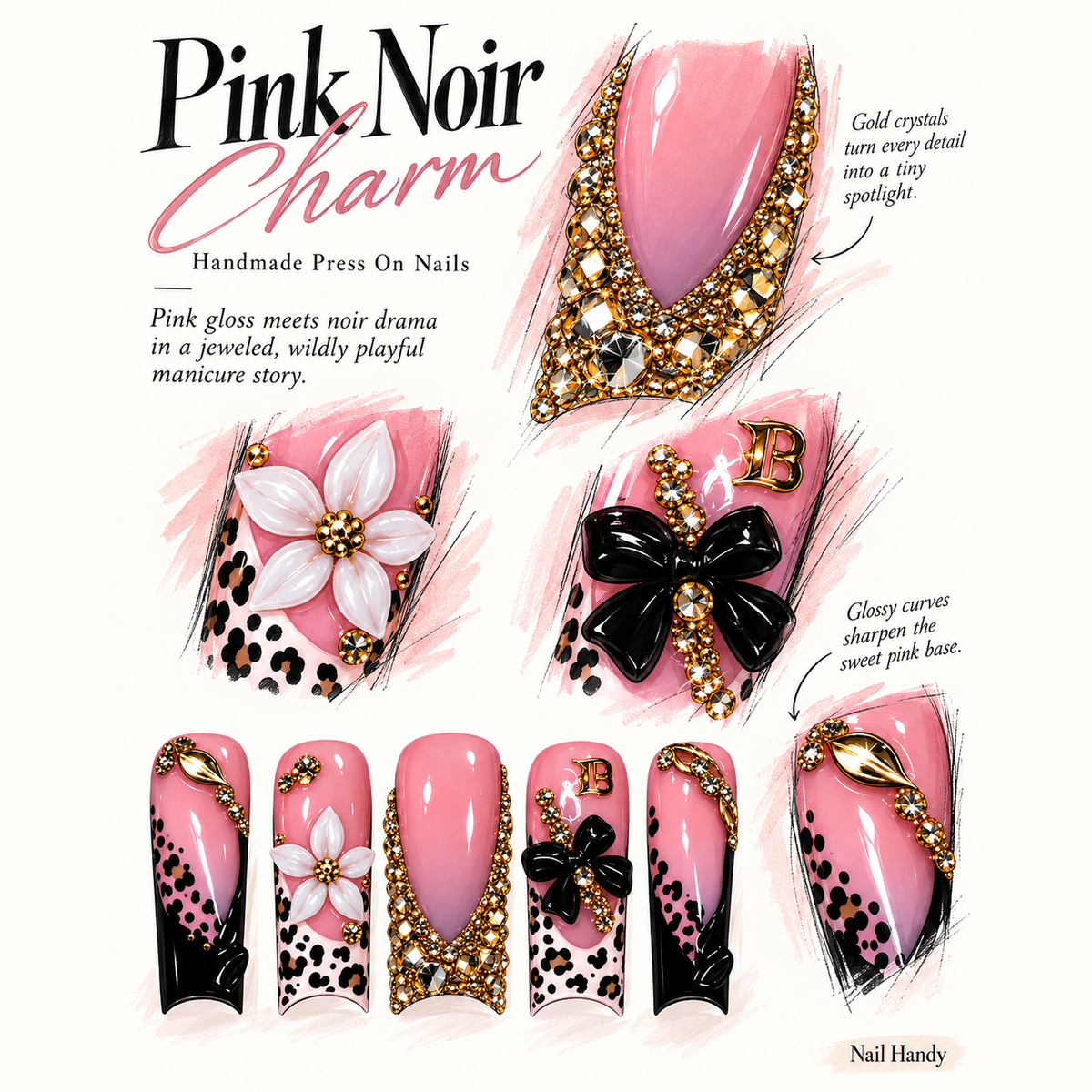Pink Leopard Bloom Press-On Nails — Floral & Gold Accents - press-on nail design concept and illustrated product story