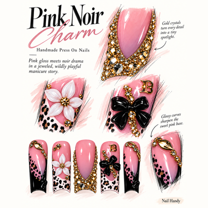 Pink Leopard Bloom Press-On Nails — Floral & Gold Accents - press-on nail design concept and illustrated product story