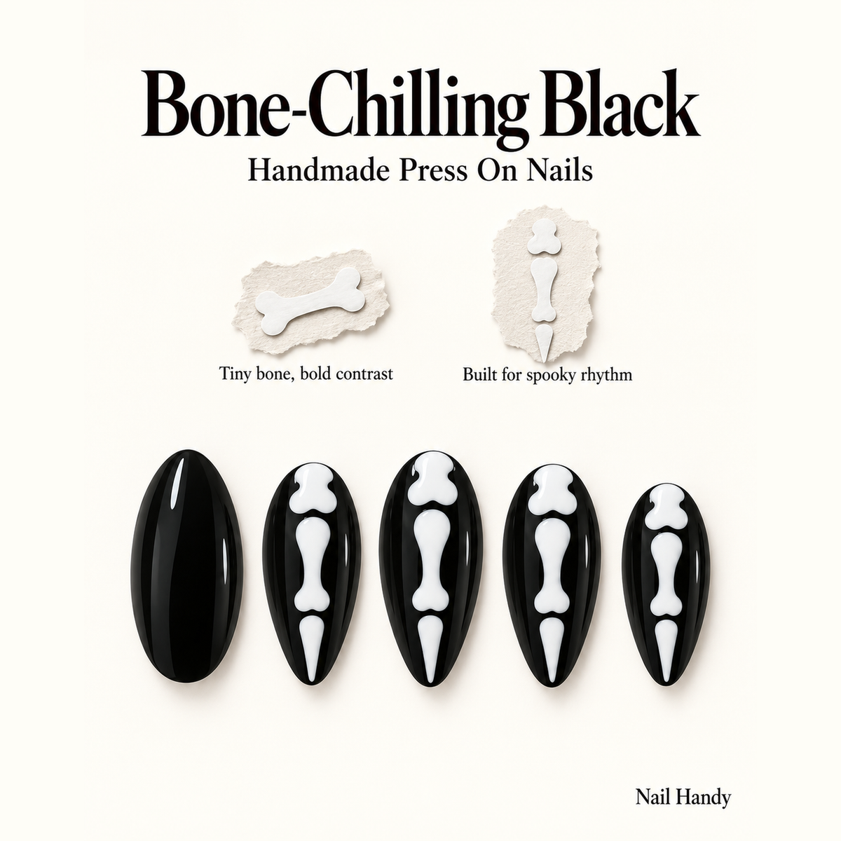 Midnight Bonework Press-On Nails – Black & White Skeleton Design - press-on nail design concept and illustrated product story
