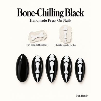 Midnight Bonework Press-On Nails – Black & White Skeleton Design - press-on nail design concept and illustrated product story
