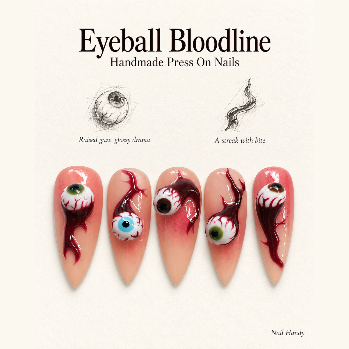 Bloodshot Gaze Press-On Nails with 3D Eyeball Art - press-on nail design concept and illustrated product story