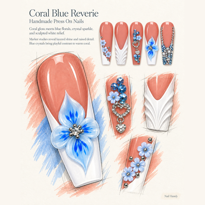 Blue Bloom Romance Press-On Nails Set - press-on nail design concept and illustrated product story