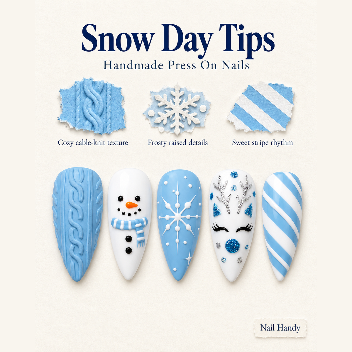 Snowday Sweater Blue Winter Press-On Nails - press-on nail design concept and illustrated product story