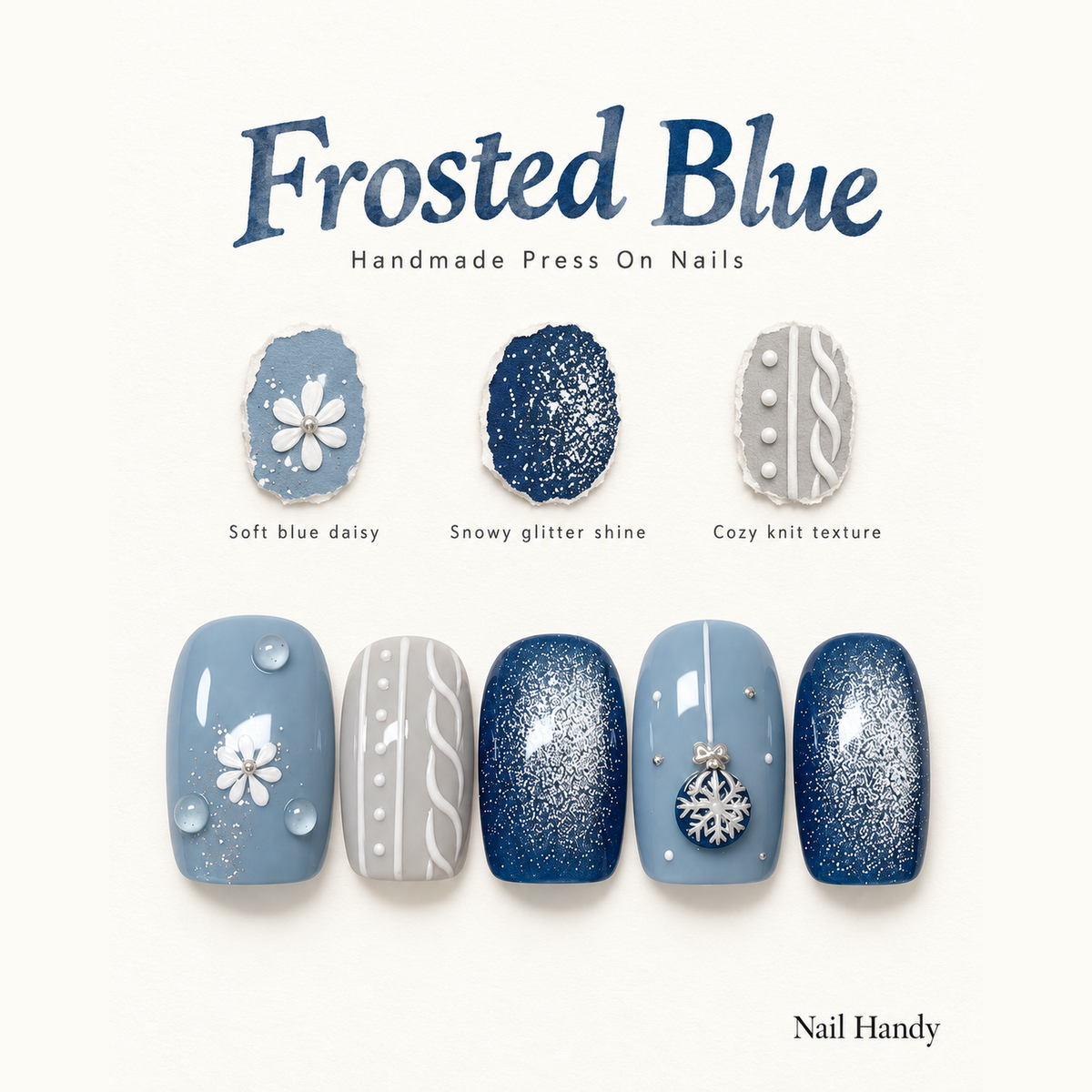 Snowfall Blue Knit Press-On Nails With Winter Details - press-on nail design concept and illustrated product story